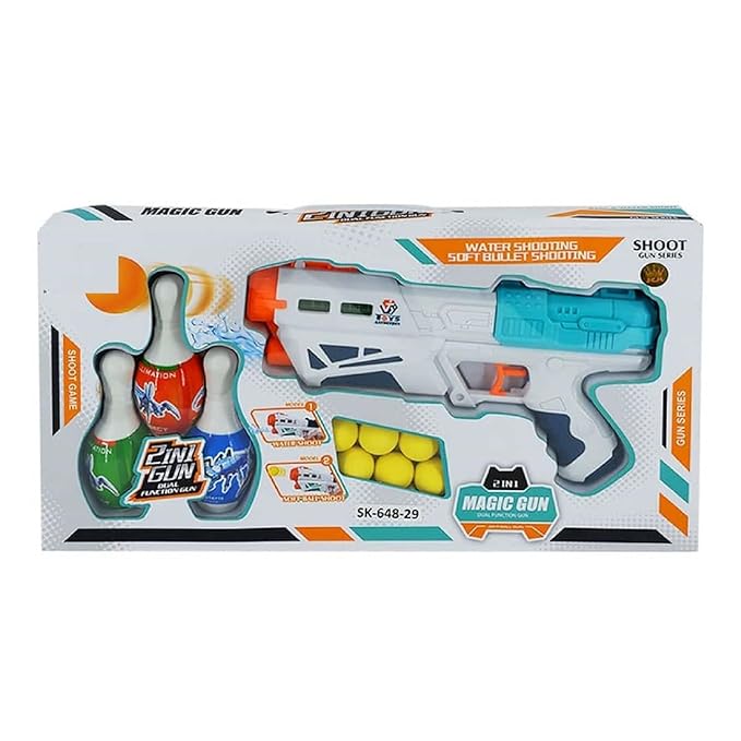 Magic Blaster Toy Gun with Soft Foam Balls, Bullets, Bowling Pins & Water Spray for Kids
