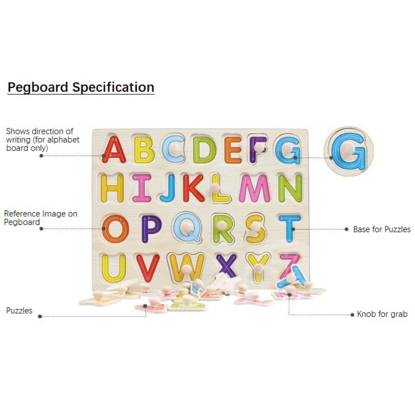 Wooden alphabet peg puzzle board