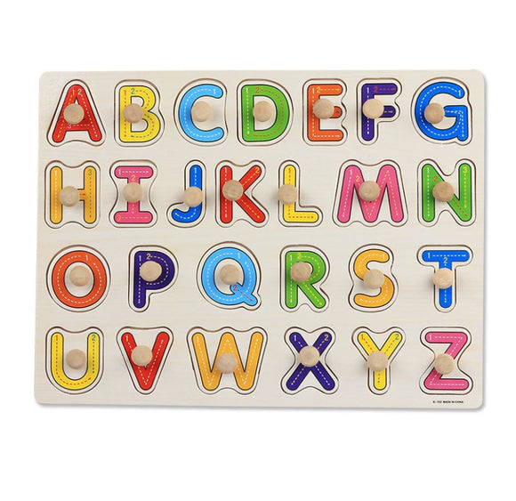 Wooden alphabet peg puzzle board