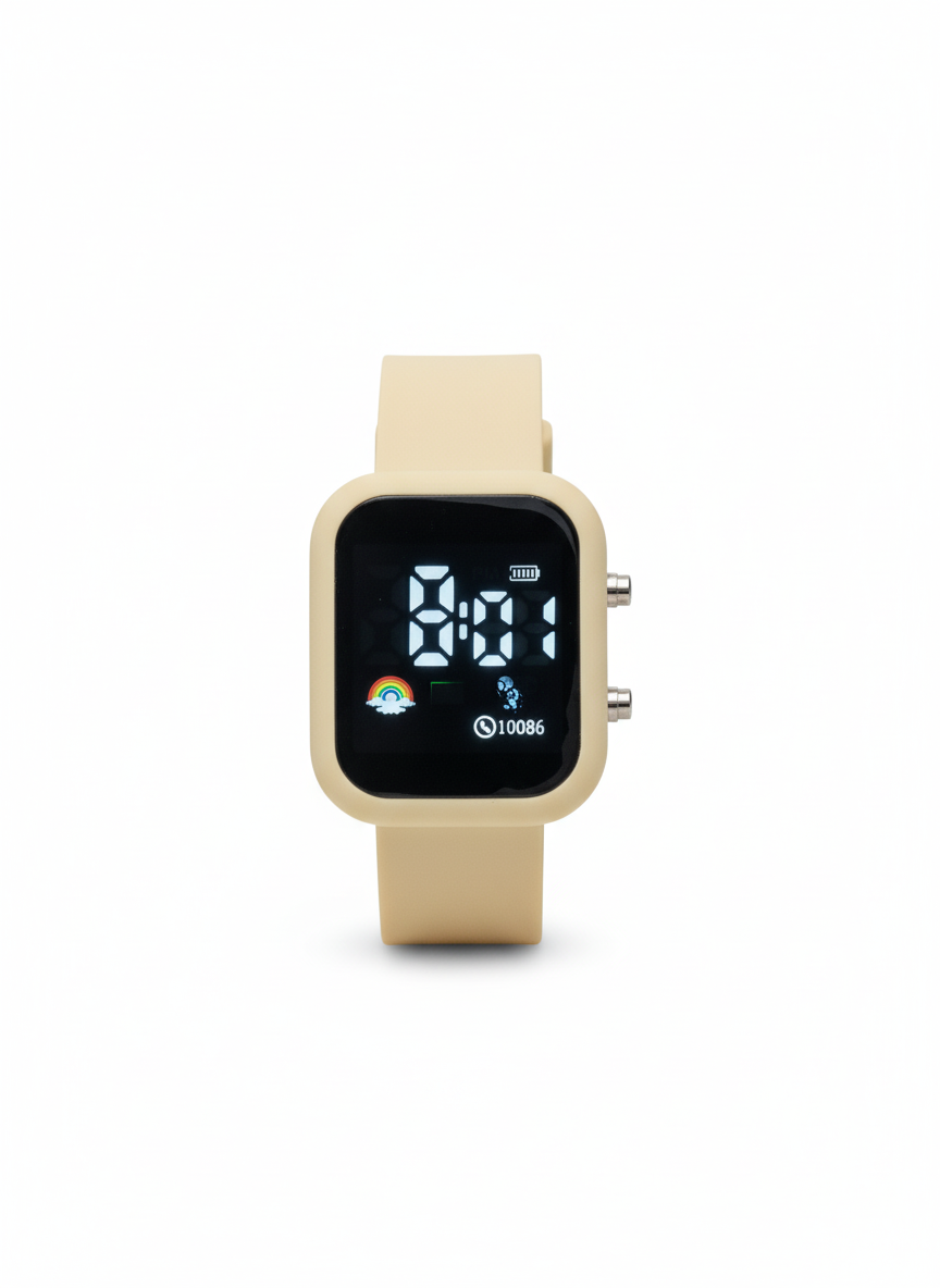 Sports Digital Wrist Watch For Kids Square Cream