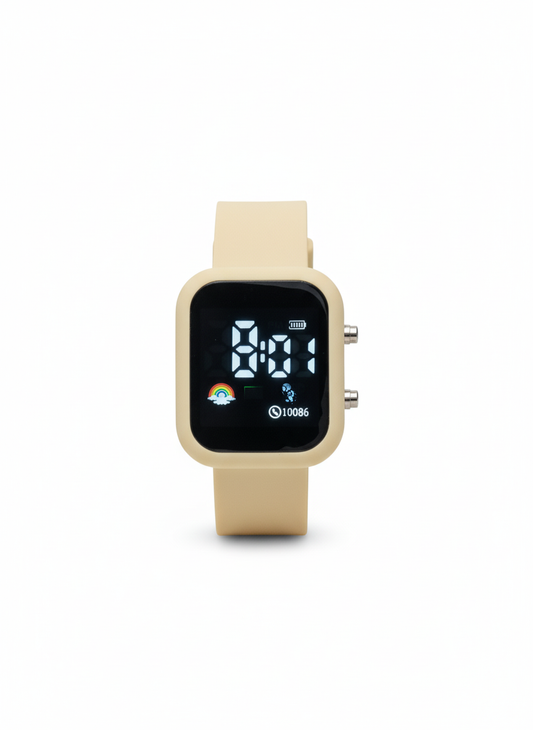 Sports Digital Wrist Watch For Kids Square Cream