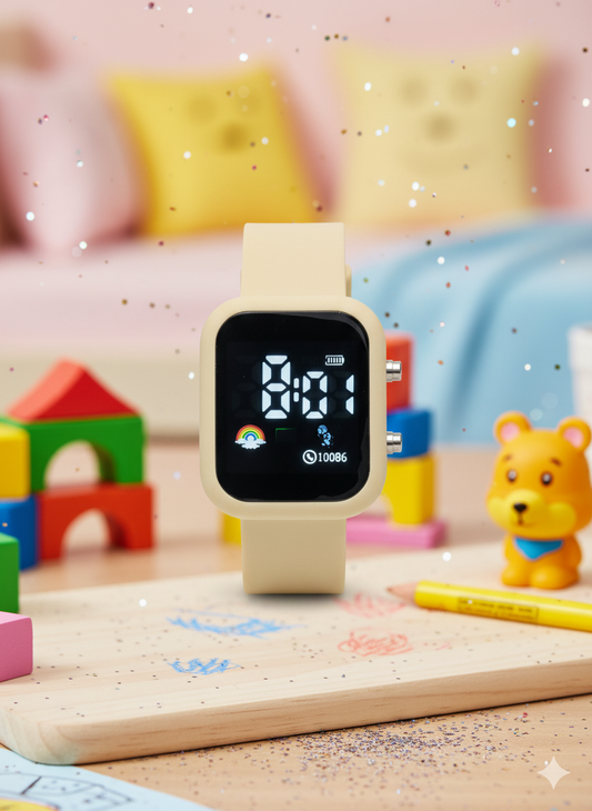 Sports Digital Wrist Watch For Kids Square Cream